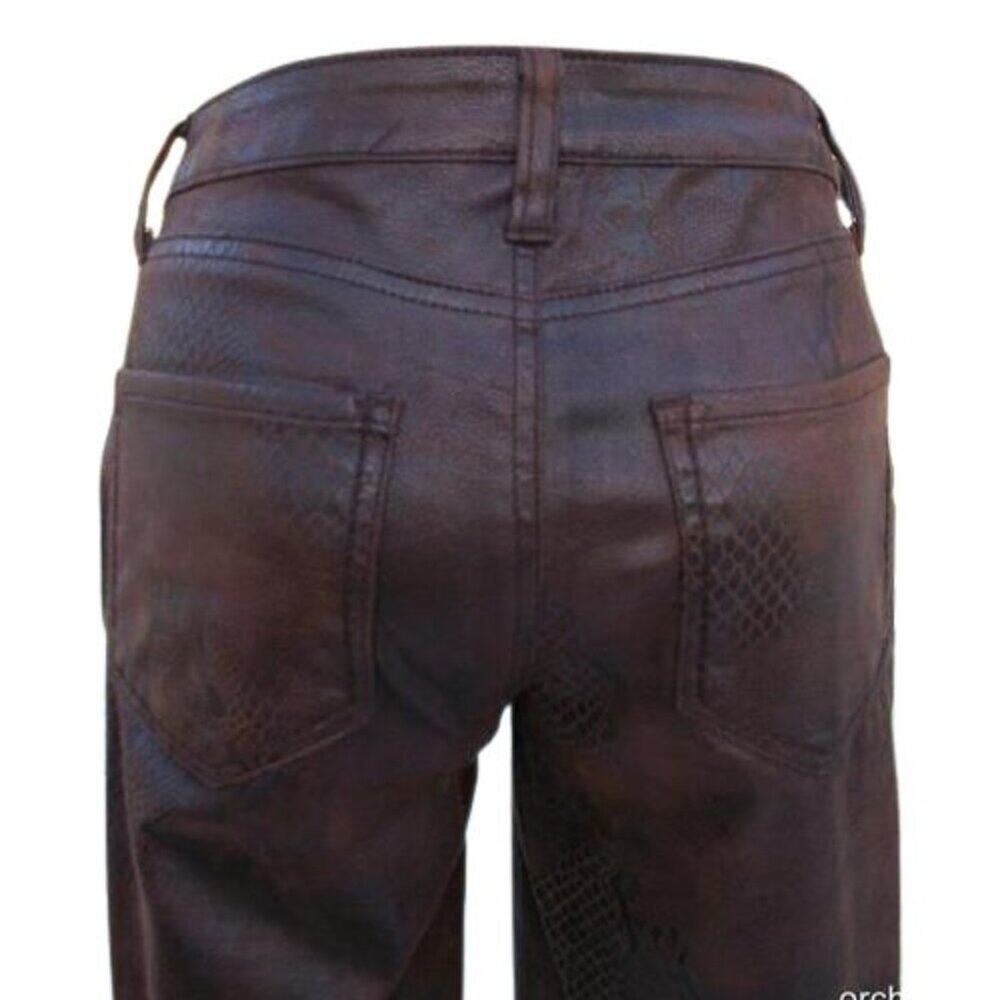 Cache Brown Vegan Leather Lined Pant Jean Style Stretch Lace Reptile $128 NWT